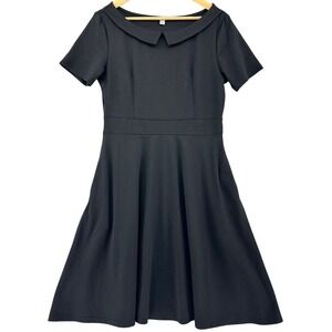 HELYO Black Peter Pan Collar Fit and Flare A-Line Dress Pockets L Retro Gothic